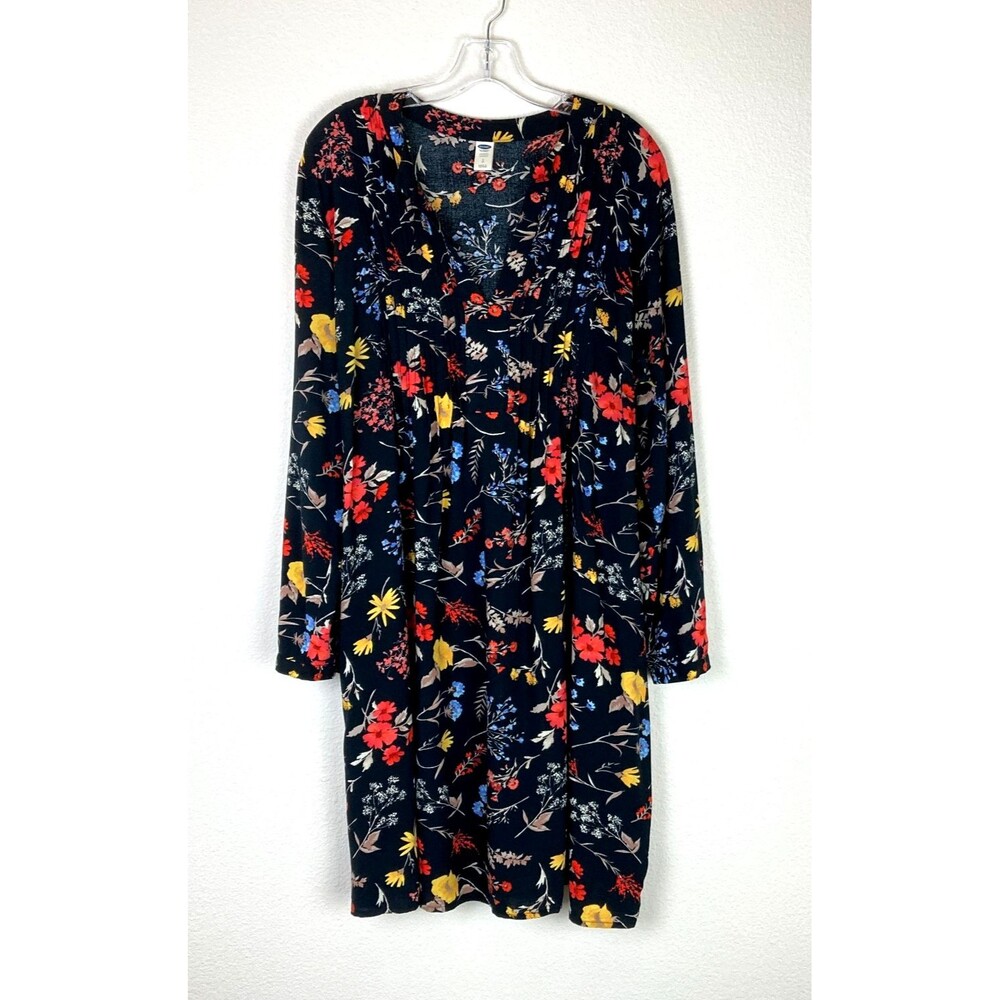 Old Navy Women's Mini Dress Size L Black Floral V-Neck Shift Belt in Back